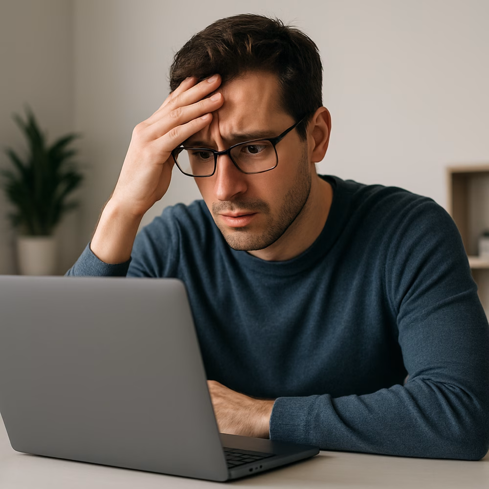 mann sitzt besorgt am notebook mit hand an der stirn adri blue nova