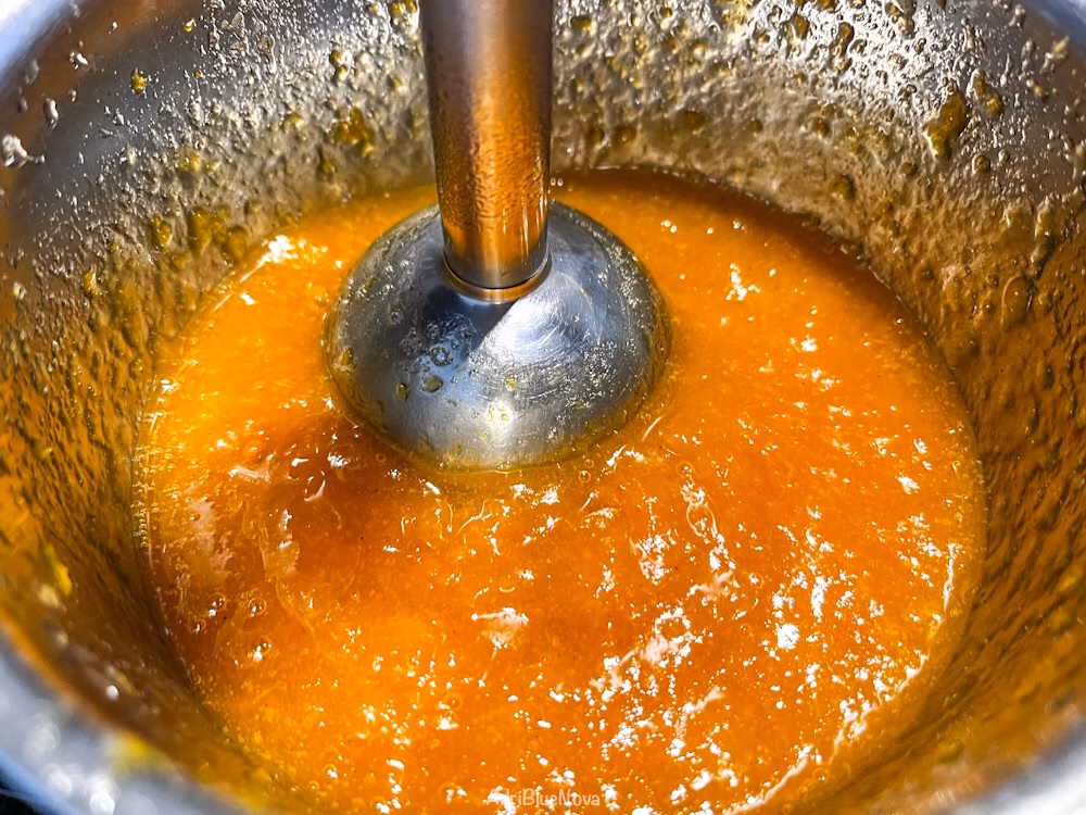 Aprikosen Marmelade wird im Topf püriert